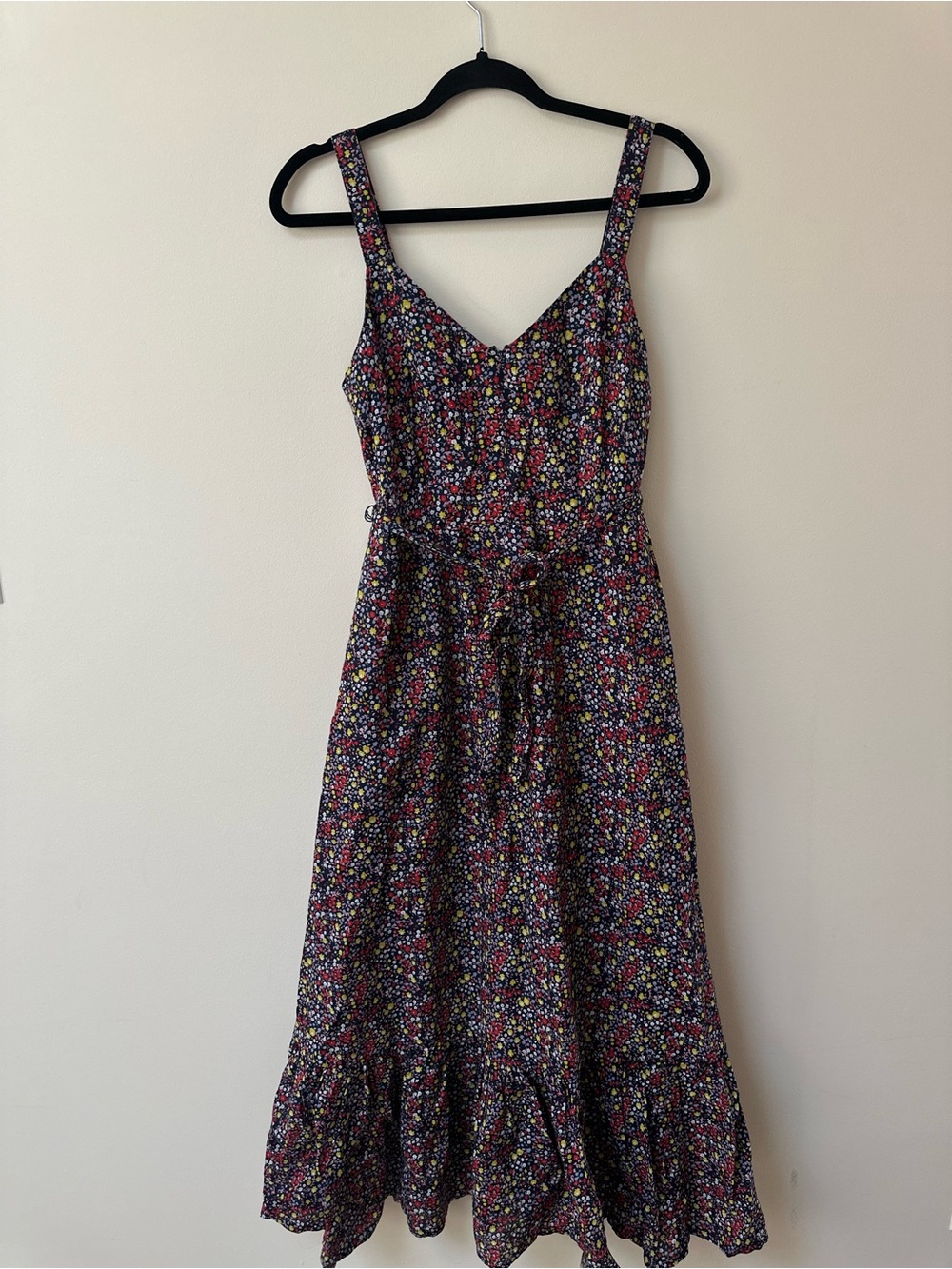J Crew Floral Maxi Sundress, tiered Tie Waist cottagecore linen blend navy sz 2